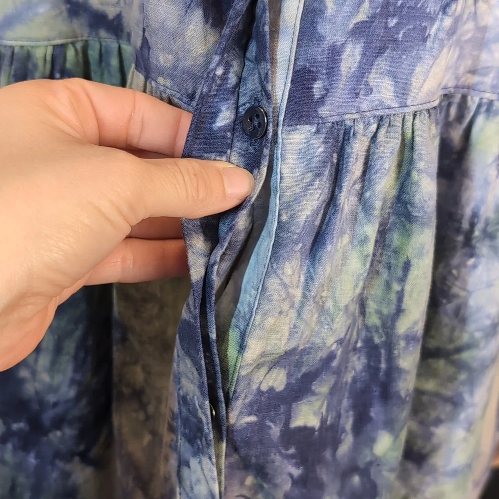 NEW Cabi Woodstock Blue Green Tie Dye Linen Babydoll Top Tunic Size Medium - Picture 7 of 14
